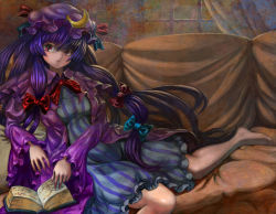 Rule 34 | 1girl, barefoot, book, capelet, coat, couch, crescent, dress, female focus, hair ribbon, hat, highres, long hair, long sleeves, looking at viewer, open clothes, open coat, patchouli knowledge, purple dress, purple eyes, purple hair, ribbon, sitting, solo, striped clothes, striped dress, syuraime 0, touhou, tress ribbon, very long hair, wide sleeves