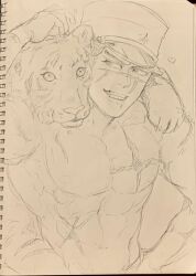 Rule 34 | 1boy, abs, affectionate, animal, animal on shoulder, brown theme, facial scar, golden kamuy, graphite (medium), grin, headpat, heart, highres, male focus, monochrome, motion lines, muscular, muscular male, nipples, pectorals, photo (medium), scar, scar on cheek, scar on face, scar on nose, smile, solo, sugimoto saichi, thick eyebrows, tiger, topless male, toto (recoj33), traditional media, upper body, v-taper