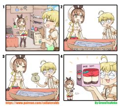 Rule 34 | ..., 1boy, 1girl, 4koma, :d, absurdres, ahoge, artist name, atelier (series), atelier ryza, atelier ryza 1, bad id, bad pixiv id, beret, black ribbon, blonde hair, brown eyes, brown hair, brown shirt, brown thighhighs, collared shirt, comic, commentary, crossed arms, day, disgust, dress shirt, empty eyes, erlenmeyer flask, flask, glasses, gloves, greenteaneko, hair between eyes, hammer, hat, highres, holding, holding hammer, money, navel, opaque glasses, open mouth, outdoors, parted lips, pervert, puffy short sleeves, puffy sleeves, red shorts, reisalin stout, ribbon, round teeth, sex toy, shirt, short shorts, short sleeves, shorts, sign, silent comic, single glove, smile, spoken ellipsis, square 4koma, standing, star (symbol), sword, tao mongarten, teeth, thighhighs, thighs, toeless legwear, upper teeth only, vibrator, watermark, weapon, web address, white headwear, white thighhighs, | |