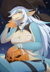 1girl animal_ears bandages black_choker black_hat blue_hair blue_skin breasts bright_pupils buckle choker colored_skin dragon_ears dragon_girl dragon_tail earrings furry furry_female hair_over_one_eye halloween hat highres jack-o&#039;-lantern jewelry large_breasts lcshian light_blue_hair long_hair loose_bandages multicolored_skin o-ring orange_skin original red_eyes shibari sitting sky solo star_(sky) starry_sky tail white_pupils white_skin witch_hat