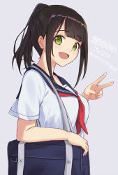 Rule 34 | 1girl, :d, bag, black hair, blunt bangs, bookbag, breasts, commentary request, green eyes, grey background, high ponytail, highres, itachi kanade, japanese text, large breasts, long hair, looking at viewer, looking to the side, milestone celebration, neckerchief, open mouth, original, ponytail, red neckerchief, school bag, school uniform, serafuku, shirt, short sleeves, sidelocks, simple background, smile, solo, thank you, translated, upper body, v, white shirt