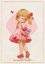 Rule 34 | 1girl, alkemanubis, blonde hair, bloomers, blue bow, blush, bow, box, closed mouth, commentary, dress, dress bow, english commentary, english text, eyelashes, frilled dress, frills, from behind, gift, gift box, green eyes, hair bow, hair ornament, heart, highres, lips, looking at viewer, looking back, mary janes, medium hair, one eye closed, original, pink dress, ponytail, red bow, red footwear, shoe soles, shoes, smile, solo, standing, star (symbol), star hair ornament, underwear, white bloomers