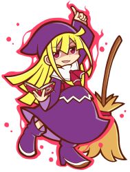 Rule 34 | 1girl, arm up, blonde hair, book, broom, dress, full body, hat, index finger raised, long hair, madou monogatari, official style, purple dress, purple eyes, puyopuyo, shaded face, shoes, smile, solo, standing, tsunaso (lack of sunlight), white background, witch (puyopuyo)