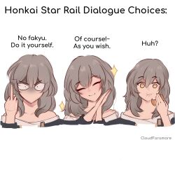 Rule 34 | 1girl, artist name, blonde hair, cloudfaramore, commentary, cropped shoulders, dialogue options, eating, english commentary, english text, stelle (honkai: star rail), food, grey hair, highres, holding, holding food, honkai: star rail, honkai (series), long hair, looking at viewer, middle finger, multiple views, off-shoulder shirt, off shoulder, own hands together, shirt, smile, sparkle, trailblazer (honkai: star rail), v-shaped eyebrows