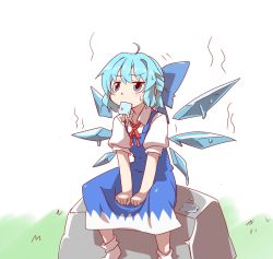 Rule 34 | 1girl, blue eyes, blue hair, bow, cirno, dress, hair bow, hihachi, hot, ice, ice wings, mouth hold, popsicle, short hair, sitting, touhou, wings