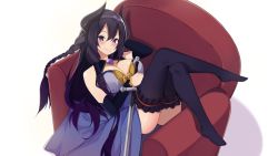 Rule 34 | 1girl, arm up, armchair, ass, black gloves, black hair, black thighhighs, blush, braid, breasts, chair, cleavage, closed mouth, commission, demon girl, demon horns, elbow gloves, fantasy, gloves, hair between eyes, horns, kaosu kun, large breasts, long hair, looking at viewer, lying, on back, original, purple hair, single braid, smile, solo, sword, thighhighs, weapon