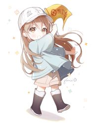 Rule 34 | 10s, 1girl, :o, arm up, black footwear, blue shirt, blush, boots, brown eyes, brown hair, brown shorts, character name, clothes writing, flag, flat cap, gomzi, hair between eyes, hat, hataraku saibou, holding, holding flag, knee boots, long hair, open mouth, platelet (hataraku saibou), shirt, short sleeves, shorts, signature, solo, standing, standing on one leg, very long hair, white background, white hat