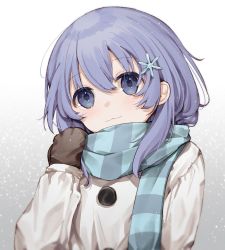Rule 34 | 1girl, :3, blue eyes, blue hair, buttons, enpera, gloves, gradient background, grey background, hair between eyes, hair ornament, hand up, jacket, looking at viewer, maomaomao, nijisanji, scarf, snowflake hair ornament, solo, striped clothes, striped scarf, upper body, virtual youtuber, white background, yuuki chihiro, yuuki chihiro (6th costume)