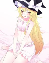 Rule 34 | 1girl, between legs, black hat, blonde hair, bloomers, blush, bow, bra, breasts, buta (uhoiiotoko), commentary request, full body, hair between eyes, hand between legs, hat, hat bow, highres, kirisame marisa, long hair, looking at viewer, navel, open mouth, sitting, small breasts, solo, touhou, underwear, wariza, white bow, white bra, witch hat, yellow eyes