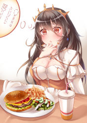 Rule 34 | 1girl, absurdres, black hair, blush, breasts, brown eyes, brown hair, burger, cheese, cleavage, cucumber, cup, disposable cup, dotted line, drinking straw, earrings, food, fork, french fries, hair between eyes, hand on own chest, highres, jewelry, ketchup, knife, large breasts, lettuce, long hair, long sleeves, open mouth, outline, plate, queen elizabeth (warship girls r), salad, sesame seeds, sitting, solo, spoon, table, thought bubble, tomato, warship girls r, white background, zhou yu (ppaaqz1995)