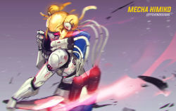 Rule 34 | absurdres, artist name, boku no hero academia, cable, character name, commentary, double bun, english commentary, from side, glowing, glowing eyes, grey background, hair bun, highres, holding, holding knife, humanoid robot, jeffrey chen, knife, mechanical hair, mechanization, pink eyes, reverse grip, robot, science fiction, solo, toga himiko