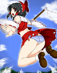 Rule 34 | 1girl, ass, bare shoulders, black hair, bow, day, detached sleeves, female focus, flying, gohei, hair bow, hakurei reimu, legs, looking back, namidame, outstretched arms, panties, pantyshot, red eyes, sarashi, short hair, sky, solo, spread arms, striped clothes, striped panties, torn clothes, touhou, underwear, upskirt
