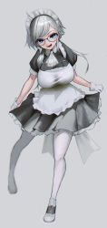 Rule 34 | 1girl, apron, blue-framed eyewear, blue eyes, breasts, clothes lift, female focus, full body, glasses, gloves, grey background, grey hair, highres, hiragana oufu, large breasts, layered skirt, leaning forward, long hair, looking at viewer, maid, maid headdress, open mouth, original, short sleeves, shrugging, simple background, skirt, skirt lift, smile, solo, swept bangs, tsurime, upturned eyes, white footwear, white gloves, white legwear