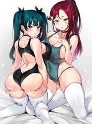 Rule 34 | 2girls, alternate breast size, ass, ass grab, blush, breast hold, breast press, breasts, butt crack, cleavage, commentary, competition swimsuit, crop top, green hair, hair ornament, half-closed eyes, highres, huge ass, large breasts, long hair, looking at viewer, love live!, love live! sunshine!!, multiple girls, on bed, one-piece swimsuit, open mouth, pink eyes, ponytail, red hair, sakurauchi riko, seiza, simple background, sitting, sleeveless, sweat, swimsuit, tem10, thighhighs, thighs, tsushima yoshiko, twintails, wide hips, yellow eyes