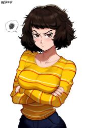 Rule 34 | 1girl, arms under breasts, blush, breasts, brown eyes, brown hair, collarbone, crossed arms, fluffy hair, highres, kawakami sadayo, looking at viewer, medium breasts, messy hair, neggoartz, persona, persona 5, pink nails, pout, shirt, short hair, simple background, solo, speech bubble, spoken squiggle, squiggle, striped clothes, striped shirt, yellow shirt