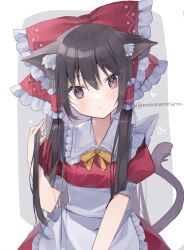 Rule 34 | 1girl, animal ears, apron, black hair, blush, bow, brown eyes, cat ears, cat tail, closed mouth, dress, frilled apron, frills, hair between eyes, hair bow, hair tubes, hakurei reimu, heart, highres, long hair, momomaron, puffy short sleeves, puffy sleeves, red bow, red dress, short sleeves, sidelocks, solo, tail, touhou, twitter username, waist apron, white apron