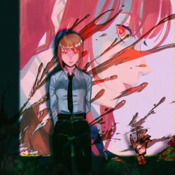 Rule 34 | 1girl, absurdres, arm up, arms behind back, black necktie, black pants, blood, blood on hands, blood on wall, breasts, chainsaw man, collared shirt, dark background, death, facing to the side, highres, juuxzi, makima (chainsaw man), medium hair, necktie, pants, projector, projector screen, reaching, red eyes, red hair, shirt, sidelocks, sideways glance, small breasts, solo, third-angle projection, white shirt