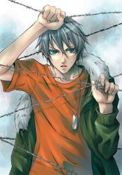 Rule 34 | 1boy, barbed wire, blue eyes, coat, dog tags, grey hair, tagme, togainu no chi