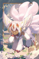 Rule 34 | 1girl, absurdres, all fours, animal ears, blonde hair, breasts, brown eyes, claws, commentary request, dark-skinned female, dark skin, extra arms, faputa, fewer digits, flower, hand to own mouth, highres, looking at viewer, made in abyss, multicolored hair, multiple tails, outdoors, outside border, parted lips, small breasts, solo, streaked hair, tail, white flower, white fur, white hair, yurayura (mdeh5447)