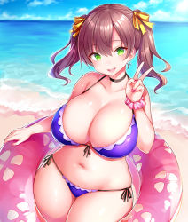 Rule 34 | 1girl, bare shoulders, beach, bikini, blue sky, blush, breasts, brown hair, choker, cleavage, cloud, collarbone, commentary request, cowboy shot, curvy, day, earrings, front-tie top, green eyes, halterneck, holding, holding swim ring, huge breasts, innertube, jewelry, long hair, looking at viewer, nail polish, navel, ocean, open mouth, original, outdoors, plump, scrunchie, side-tie bikini bottom, skindentation, sky, smile, solo, standing, star (symbol), star earrings, stomach, string bikini, swim ring, swimsuit, tsukumiya amane, twintails, v, water, wide hips, wrist scrunchie