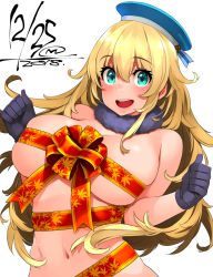 Rule 34 | 1girl, atago (kancolle), bare shoulders, beret, black gloves, blonde hair, blue hat, breasts, commentary request, dated, fur collar, gloves, green eyes, hair between eyes, happa (cloverppd), hat, kantai collection, large breasts, long hair, looking at viewer, navel, open mouth, red ribbon, ribbon, signature, simple background, solo, stomach, teeth, upper body, white background