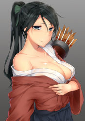 Rule 34 | 10s, 1girl, arrow (projectile), bad id, bad pixiv id, black hair, blue eyes, bow, breasts, cleavage, closed mouth, collarbone, green bow, grey background, hair between eyes, hair bow, hakama, hakama skirt, highres, houshou (kancolle), japanese clothes, kantai collection, large breasts, long hair, off shoulder, ponytail, quiver, rokukatamari, see-through, simple background, skirt, solo, upper body