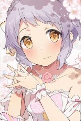 Rule 34 | 1girl, bare shoulders, blush, braid, breasts, cherry blossoms, collarbone, commentary, detached sleeves, dot nose, dress, floral background, floral print, flower, flower necklace, gem, hair ribbon, hands up, idolmaster, idolmaster million live!, interlocked fingers, jewelry, lace, lace-trimmed dress, lace trim, looking at viewer, makabe mizuki, mochigome (ununquadium), necklace, pink background, pink dress, print dress, purple hair, ribbon, rose print, shadow, short hair, sidelocks, small breasts, smile, solo, wavy hair, wrist cuffs, yellow eyes