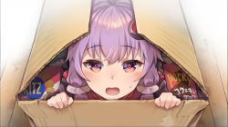 Rule 34 | 1girl, black jacket, box, cardboard box, commentary, cracker, food, from above, hair ornament, highres, in box, in container, jacket, looking at viewer, open mouth, pocky, purple eyes, purple hair, ritz crackers, sidelocks, solo, sweat, vocaloid, voiceroid, wooden floor, yasuhara roku, yuzuki yukari