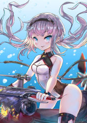 Rule 34 | 1girl, azur lane, bare shoulders, black hairband, black thighhighs, blue eyes, breasts, cleavage, hair between eyes, hair ornament, hairband, highres, long hair, looking at viewer, mg42cat-k1ng, open mouth, silver hair, sitting, small breasts, smile, solo, swimsuit, tail, thighhighs, twintails, u-522 (azur lane), underwater