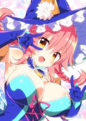 Rule 34 | 1girl, :d, animal ear fluff, animal ears, armpits, blue gloves, blush, braid, breasts, character request, cleavage, commentary request, copyright request, detached collar, elbow gloves, fang, fate/grand order, fate (series), fox ears, gloves, hat, large breasts, long hair, looking at viewer, official alternate costume, open mouth, patterned background, pink hair, sasorigatame, smile, solo, tamamo (fate), tamamo no mae (fate/extra), twin braids, upper body, witch hat, yellow eyes
