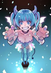 Rule 34 | 1girl, aqua eyes, bad id, bad pixiv id, blue hair, boots, bracelet, breasts, cleavage, confetti, cross-laced footwear, demon tail, earrings, female focus, fingernails, gradient background, grin, horns, ishizaki miwako, jewelry, lace-up boots, large breasts, leotard, looking at viewer, nanasaki nicole, pink hair, short hair, skirt, smile, solo, spiked bracelet, spikes, tail, thigh boots, thighhighs, tokyo 7th sisters, two side up, white footwear, white thighhighs