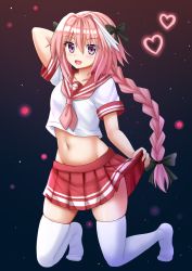 Rule 34 | 1boy, :d, arm behind head, astolfo (fate), astolfo (sailor paladin) (fate), black ribbon, blush, braid, collarbone, commentary, eyes visible through hair, fang, fate/apocrypha, fate (series), full body, hair between eyes, hair ribbon, heart, highres, kazenokaze, kneeling, long hair, looking at viewer, male focus, midriff, navel, no shoes, official alternate costume, open mouth, pink hair, pink serafuku, pink skirt, pleated skirt, purple eyes, ribbon, school uniform, serafuku, single braid, skirt, skirt hold, skull print, smile, solo, thighhighs, trap, very long hair, white thighhighs, zettai ryouiki