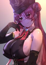 Rule 34 | 1girl, armpit crease, bare shoulders, black gloves, black hat, bow (bhp), breasts, cleavage, closed mouth, elbow gloves, gloves, grey background, hair between eyes, hair bun, hat, heterochromia, hololive, houshou marine, houshou marine (marching band), large breasts, long hair, looking at viewer, multicolored hair, red eyes, red hair, revision, see-through, see-through cleavage, shako cap, sideboob, single hair bun, smile, solo, streaked hair, upper body, virtual youtuber, yellow eyes