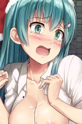Rule 34 | 10s, 1girl, aqua hair, bad id, bad twitter id, blush, brick wall, christmas, collarbone, collared shirt, embarrassed, green eyes, hair ornament, hairclip, hat, ichikawa feesu, kantai collection, looking to the side, nipples, open clothes, open mouth, open shirt, santa hat, shirt, short sleeves, solo, suggestive fluid, suzuya (kancolle), tears, white shirt