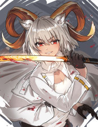Rule 34 | 1girl, animal ears, arknights, black gloves, blood, blood on clothes, carnelian (arknights), collarbone, cropped jacket, dark-skinned female, dark skin, gloves, goat ears, goat girl, goat horns, grey hair, hair between eyes, highres, holding, holding sword, holding weapon, horns, jacket, looking at viewer, mabing, red eyes, shirt, short hair, smile, solo, sword, teeth, v-shaped eyebrows, weapon, white jacket, white shirt