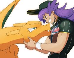 Rule 34 | 1boy, baseball cap, champion uniform, charizard, commentary, creatures (company), dark-skinned male, dark skin, eye contact, facial hair, fang, fang out, game freak, gen 1 pokemon, green eyes, grin, hat, holding, holding pokemon, leon (pokemon), long hair, looking at another, male focus, morio (poke orio), nintendo, pokemon, pokemon (creature), pokemon swsh, purple hair, shield print, shirt, short sleeves, smile, sword print, symbol-only commentary, teeth, white background, white wristband, wristband, yellow eyes