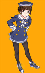 Rule 34 | 1girl, black pantyhose, blush, brown eyes, brown hair, dress, em (totsuzen no hakike), gloves, hands on own hips, hat, looking at viewer, pantyhose, sailor dress, sakomizu haruka, shoes, short hair, smile, sneakers, solo, strike witches, strike witches: suomus misfits squadron, white gloves, world witches series