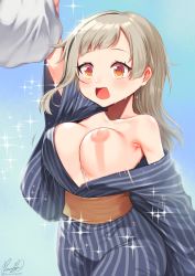 Rule 34 | 1girl, :d, absurdres, accident, accidental exposure, arm up, armpits, asymmetrical hair, blue background, blue kimono, blush, bouncing breasts, breasts, brown hair, bungou stray dogs, collarbone, covered erect nipples, diagonal bangs, genderswap, genderswap (mtf), grey hair, highres, holding, japanese clothes, kimono, long hair, medium breasts, momoko nico, motion blur, nakajima atsushi (bungou stray dogs), nipples, no bra, off shoulder, one breast out, open clothes, open kimono, open mouth, orange eyes, sash, sidelocks, signature, single bare shoulder, smile, solo, sparkle, sweat, twitter username, unaligned breasts, wardrobe malfunction