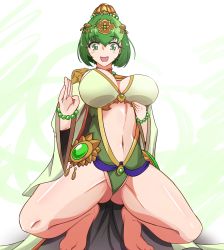 Rule 34 | 1girl, bare legs, blush, breasts, green eyes, green hair, highres, large breasts, legs, looking at viewer, midriff, navel, puzzle &amp; dragons, rushana (p&amp;d), smile, solo, spread legs, squatting, thighs, u2 (u2 85269), wide sleeves