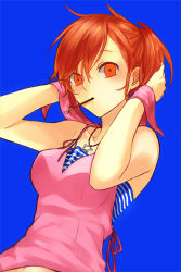 Rule 34 | 1girl, blue background, breasts, camisole, devil survivor, food, hairdressing, jewelry, looking at viewer, matching hair/eyes, nanamura, navel, necklace, orange eyes, orange hair, pocky, shin megami tensei, short hair, simple background, solo, striped, tanigawa yuzu, upper body