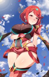 Rule 34 | 1girl, :d, armor, blue sky, blush, breasts, cloud, covered navel, exlic, highres, large breasts, looking at viewer, nintendo, open mouth, pyra (xenoblade), red eyes, red hair, seductive smile, short hair, short shorts, shorts, sky, smile, solo, thighhighs, thighs, tiara, xenoblade chronicles (series), xenoblade chronicles 2, xenoblade chronicles (series), xenoblade chronicles 2