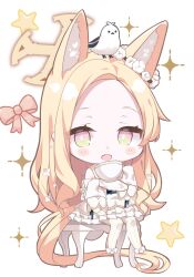 Rule 34 | 1girl, animal, animal ears, animal on head, bird, bird on head, black shirt, blue archive, blush, chair, cruciform halo, detached sleeves, dress, fox ears, fox tail, full body, halo, highres, kinokomushi, long hair, looking at viewer, on head, open mouth, pantyhose, seia (blue archive), shirt, sitting, sleeves past fingers, sleeves past wrists, smile, solo, star (symbol), tail, white background, white bird, white dress, white pantyhose, white sleeves, yellow eyes, yellow halo