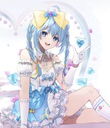Rule 34 | 1girl, blue eyes, blue hair, bow, commentary, detached collar, elbow gloves, frills, gloves, hair bow, heart, highres, hikimayu, idol, long hair, looking at viewer, open mouth, original, rireshy n, smile, socks, solo, white gloves, white socks, yellow bow