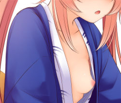 Rule 34 | 1girl, aged down, blush, breast slip, breasts, collarbone, commentary request, fang, fate/extra, fate (series), haryuu (poetto), head out of frame, highres, japanese clothes, kimono, long hair, nipple slip, nipples, open mouth, pink hair, simple background, small breasts, solo, tamamo (fate), tamamo no mae (fate/extra), twintails, upper body, white background, white kimono, yukata