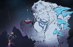 Rule 34 | 1boy, 1girl, ?, angry, arms up, bear boy, black hair, body fur, cup, dark-skinned female, dark skin, disposable cup, drinking straw, fiora (na1su), from behind, furry, furry male, giant, grey fur, highres, holding, holding cup, holding weapon, league of legends, long hair, looking at another, looking down, looking to the side, muscular, muscular male, nilah (league of legends), orange shirt, pants, purple pants, shirt, twintails, volibear, weapon, white fur