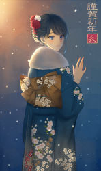 Rule 34 | 10s, 1girl, alternate costume, alternate hairstyle, bad id, bad pixiv id, black hair, blue kimono, blush, chinese zodiac, closed mouth, cowboy shot, floral print, from behind, fur collar, gridman universe, hair ornament, happy new year, highres, japanese clothes, kanzashi, kimono, long hair, long sleeves, new year, niedola, night, night sky, obi, print kimono, sash, sky, smile, solo, ssss.gridman, star (sky), starry sky, takarada rikka, wide sleeves, year of the pig