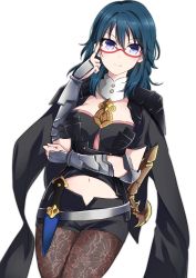 Rule 34 | 1girl, absurdres, adjusting eyewear, armor, black shorts, blue eyes, blue hair, brown pantyhose, byleth (female) (fire emblem), byleth (fire emblem), cleavage cutout, closed mouth, clothing cutout, dagger, fire emblem, fire emblem: three houses, glasses, hair between eyes, highres, knife, lace, lace-trimmed legwear, lace trim, medium hair, nintendo, pantyhose, pantyhose under shorts, red-framed eyewear, scabbard, sheath, sheathed, short shorts, shorts, simple background, solo, sword, weapon, white background, zero-theme