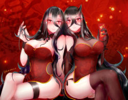 Rule 34 | 2girls, abyssal ship, asymmetrical horns, battleship princess, battleship water oni, black hair, black legwear, black panties, blush, breasts, cleavage, commentary request, dated, dress, elbow gloves, gloves, glowing, glowing eyes, hair between eyes, hi ye, highres, horns, kantai collection, large breasts, long hair, looking at viewer, multiple girls, panties, red dress, red eyes, short dress, side slit, single horn, smile, thigh strap, thighhighs, twitter username, underwear, very long hair, wristband