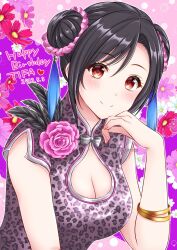 Rule 34 | 1girl, animal print, birthday, black hair, bracelet, breasts, character name, china dress, chinese clothes, cleavage, cleavage cutout, closed mouth, clothing cutout, commentary request, dated, double bun, dress, final fantasy, final fantasy vii, final fantasy vii remake, floral background, flower, hair bun, hand on own cheek, hand on own face, happy birthday, highres, jewelry, large breasts, leopard print, light blush, long hair, looking at viewer, nalu, official alternate costume, official alternate hairstyle, pink nails, print dress, red eyes, red flower, smile, solo, swept bangs, tifa lockhart, tifa lockhart (sporty dress), twitter username, upper body