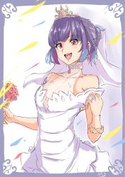 Rule 34 | 1girl, alternate hairstyle, blue hair, blush, breasts, bridal veil, cleavage, dress, earrings, high heels, highres, jewelry, looking at viewer, multicolored hair, open mouth, shiny skin, short hair, small breasts, smile, solo, taimanin (series), taimanin rpgx, tanaka ag, tsuzuruki mikoto, veil, wedding dress, white dress